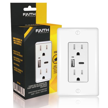 Faith 3.6A/5V USB Outlet and 15A/125V Decorator Tamper-Resistant Duplex Receptacle, White, 2 Pack, 2PK CZ07-WH-02